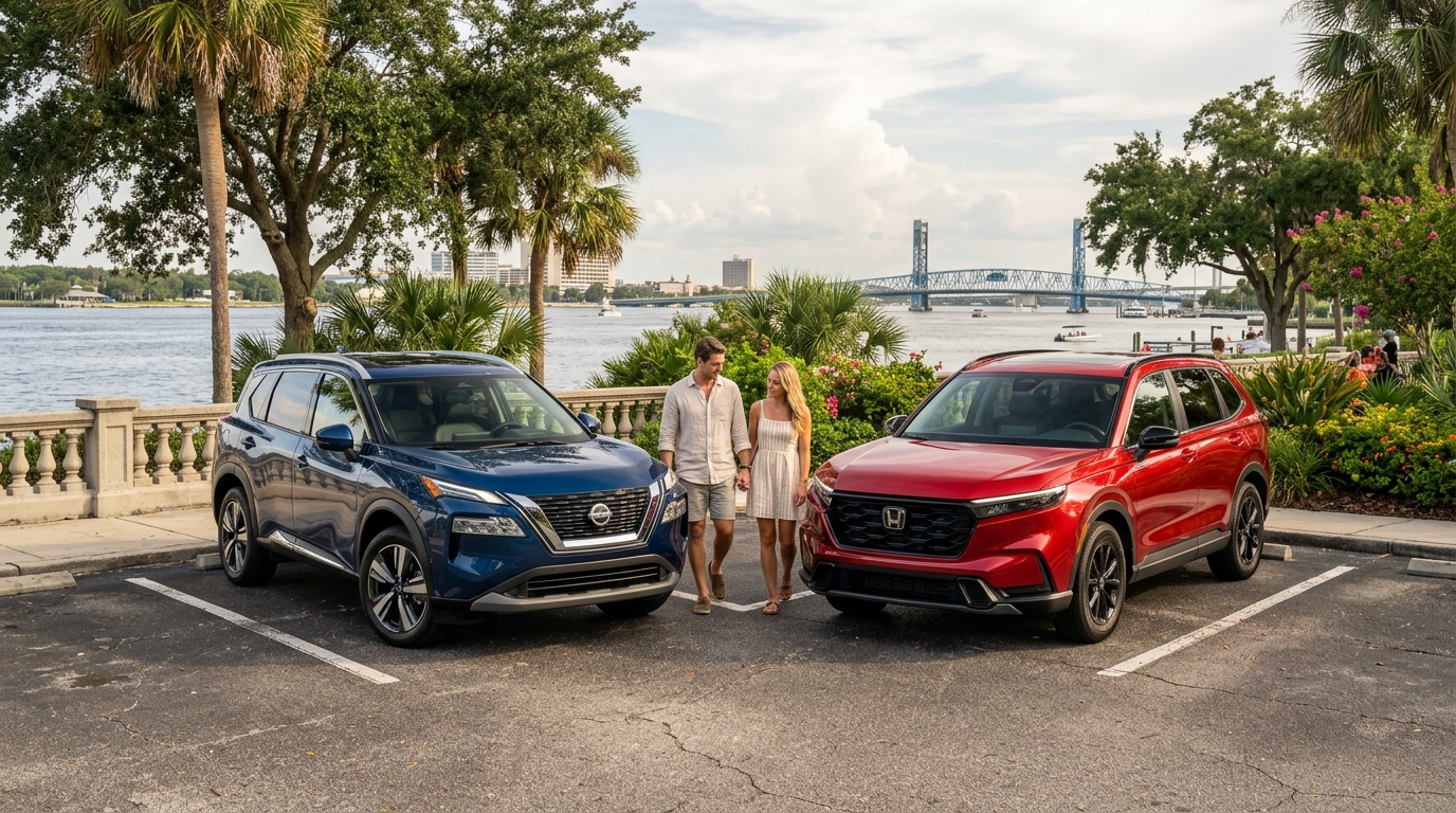 A couple walks hand-in-hand between a blue Nissan Rogue and a red Honda CR-V parked near a waterfront. (Representative image for illustration purposes only. Actual vehicle may vary based on trim and configuration.)