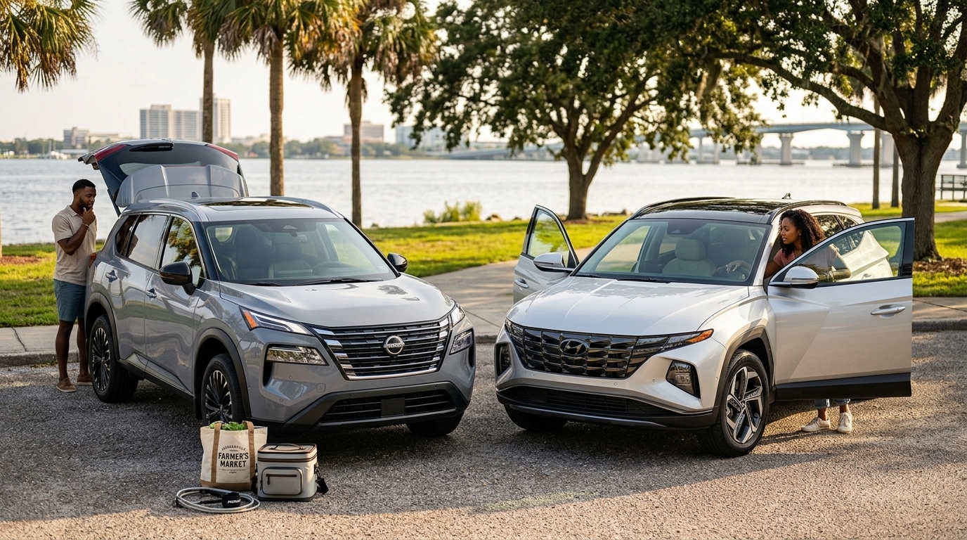 A silver Nissan Rogue and Hyundai Tucson parked outdoors near a river with people loading and unloading items. (Representative image for illustration purposes only. Actual vehicle may vary based on trim and configuration.)