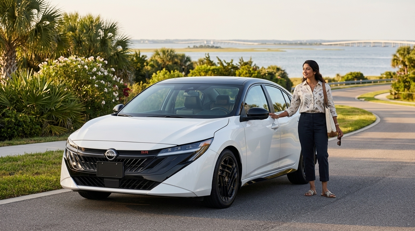 A woman stands next to a white Nissan Sentra SR parked along a scenic coastal road with a bridge in the distance. (Representative image for illustration purposes only. Actual vehicle may vary based on trim and configuration.)