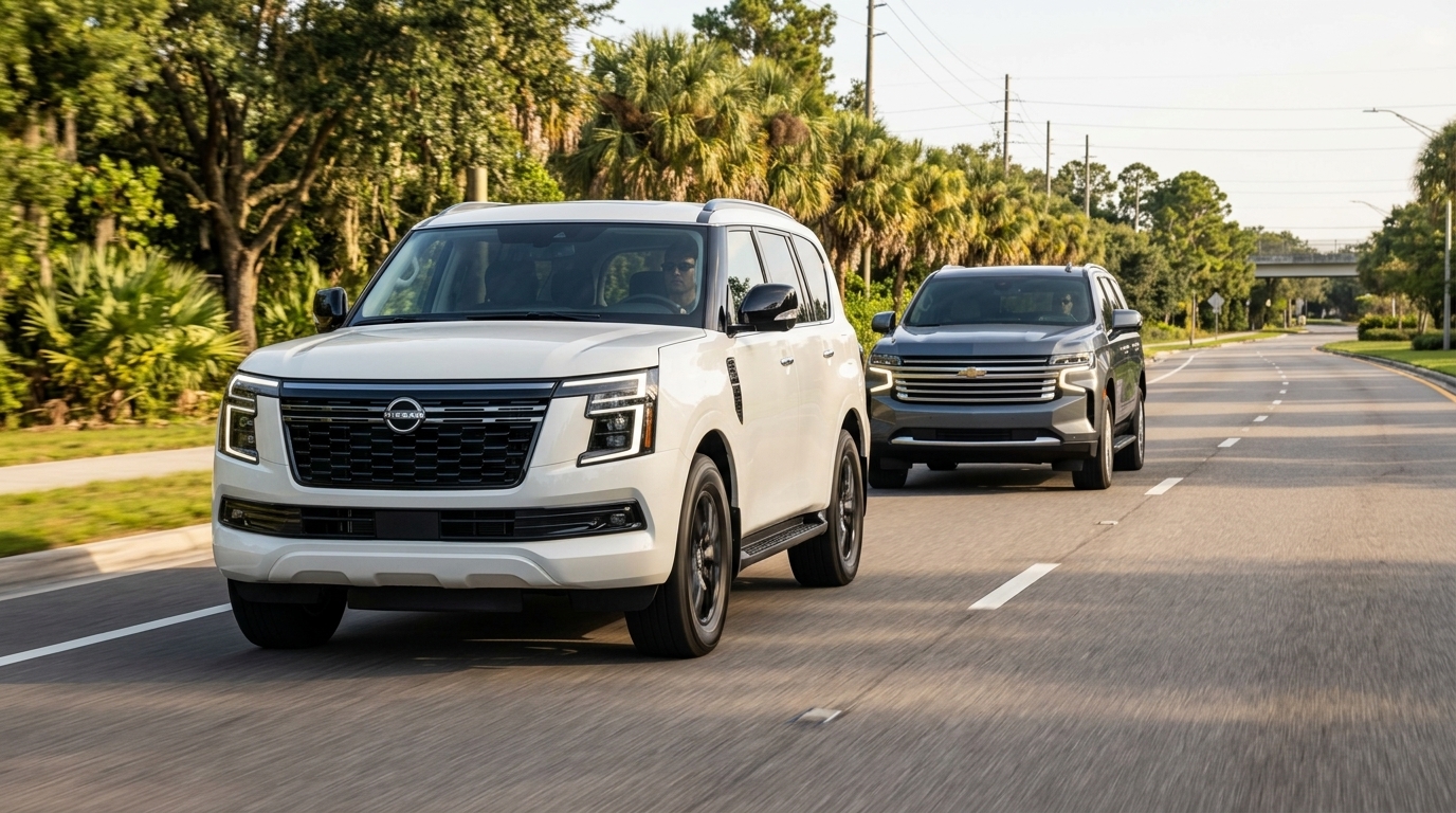 A white Nissan Armada drives down a suburban road followed by a grey Chevrolet Tahoe SUV. (Representative image for illustration purposes only. Actual vehicle may vary based on trim and configuration.)