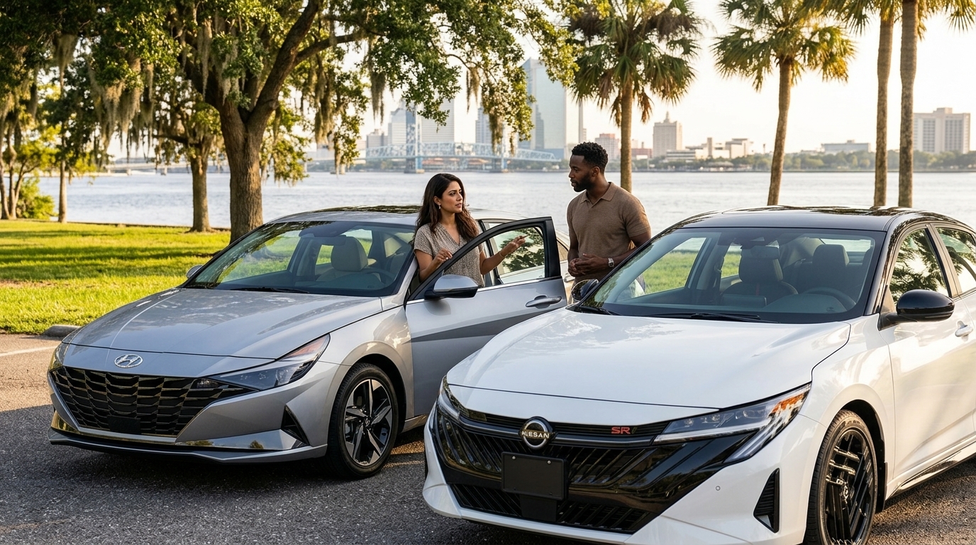 A woman and man talk between a silver Hyundai Elantra and a white Nissan Sentra parked near a waterfront park. (Representative image for illustration purposes only. Actual vehicle may vary based on trim and configuration.)