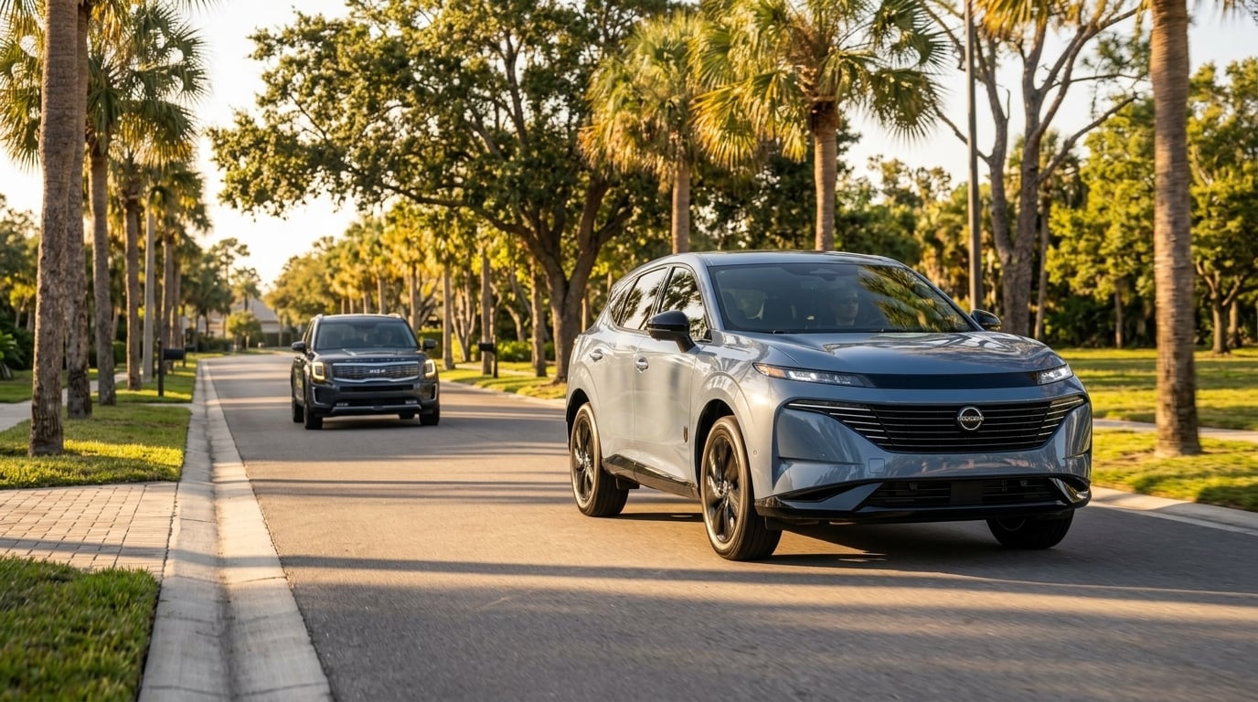 A side-three-quarter hero shot of a modern 2027 Nissan Murano two-row crossover SUV finished in a sophisticated metallic blue, parked along a sun-drenched coastal suburban street in coastal North Florida. Sunlight filters through scattered palm trees and live oaks, casting warm afternoon shadows acr
