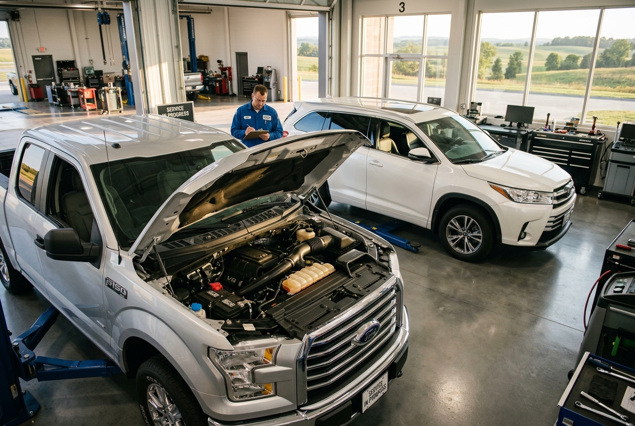 A cinematic high-angle shot of a sturdy silver pickup truck and a modern white SUV inside a pristine, sunlit professional automotive service center in the American Midwest, soft afternoon light filtering through large windows onto polished concrete floors, a technician in a clean uniform performing