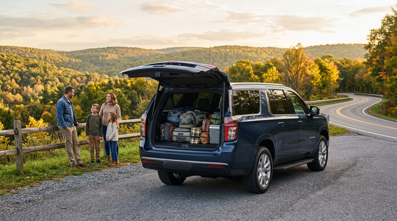A family of four stands beside a dark blue SUV with its trunk packed full of luggage on a scenic autumn road trip. (Representative image for illustration purposes only. Actual vehicle may vary based on trim and configuration.)