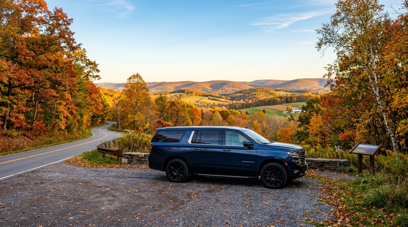 Dark blue SUV parked at a gravel scenic overlook surrounded by colorful autumn foliage and rolling hills. (Representative image for illustration purposes only. Actual vehicle may vary based on trim and configuration.)