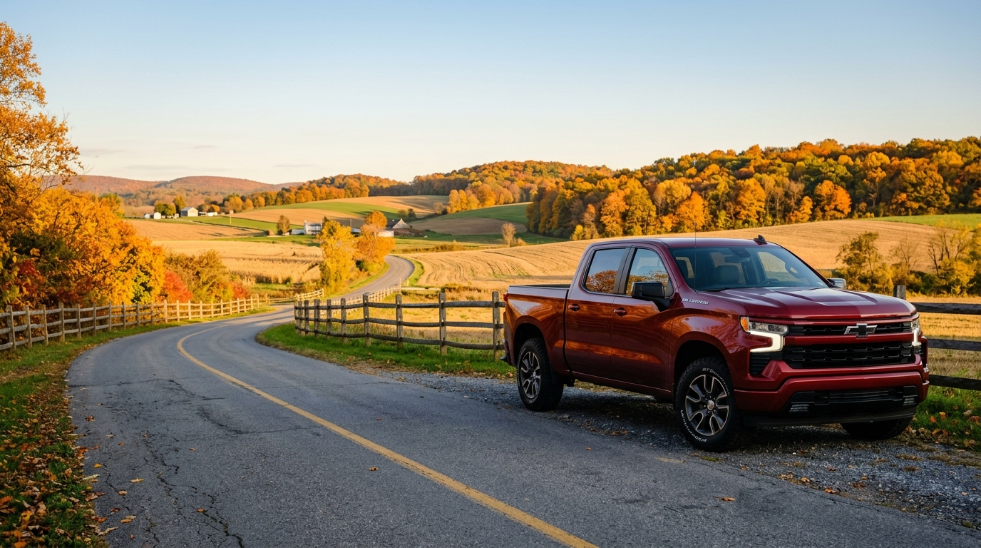 Red Chevrolet pickup truck parked on the shoulder of a winding country road surrounded by autumn foliage and rolling hills. (Representative image for illustration purposes only. Actual vehicle may vary based on trim and configuration.)