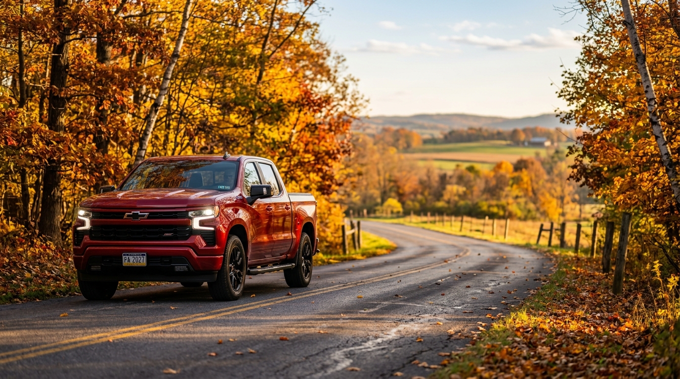 A red Chevrolet pickup truck driving down a winding rural road lined with vibrant yellow and orange autumn trees. (Representative image for illustration purposes only. Actual vehicle may vary based on trim and configuration.)