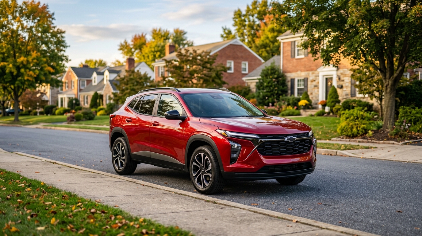 Red Chevrolet crossover SUV parked on a curb in a suburban neighborhood during autumn. (Representative image for illustration purposes only. Actual vehicle may vary based on trim and configuration.)