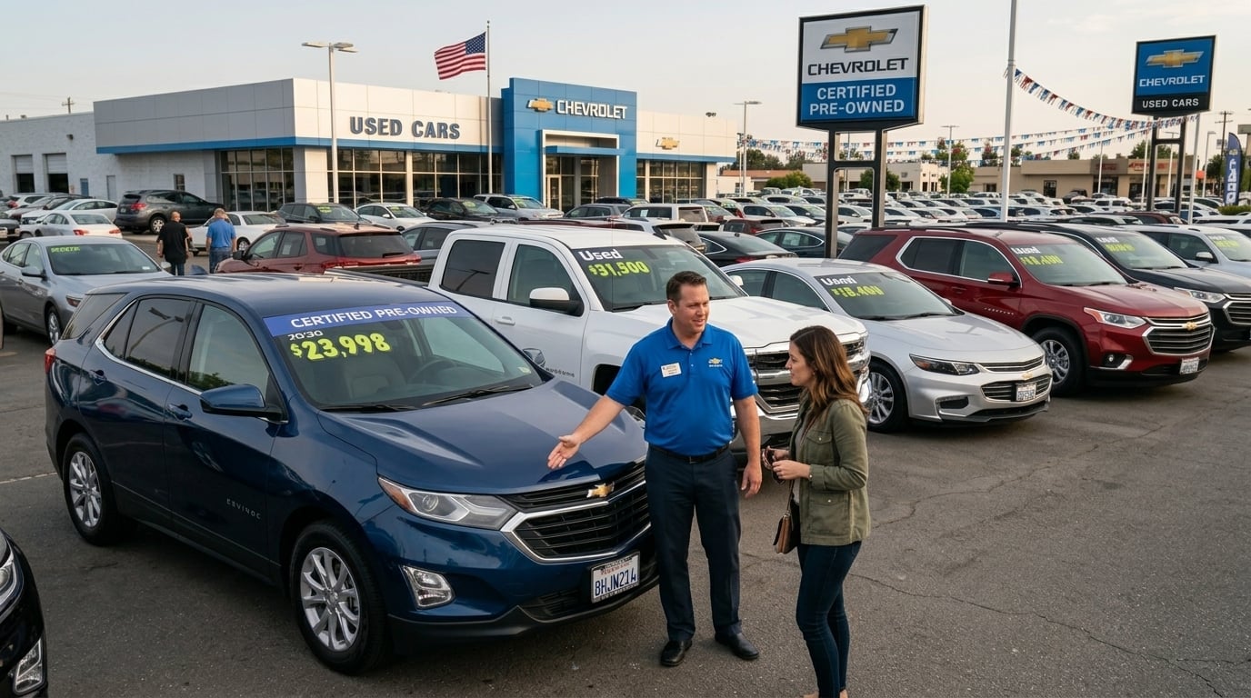 used cars at a chevy dealership lot with a sales person looking over a car with a customer (Representative image for illustration purposes only. Actual vehicle may vary based on trim and configuration.)