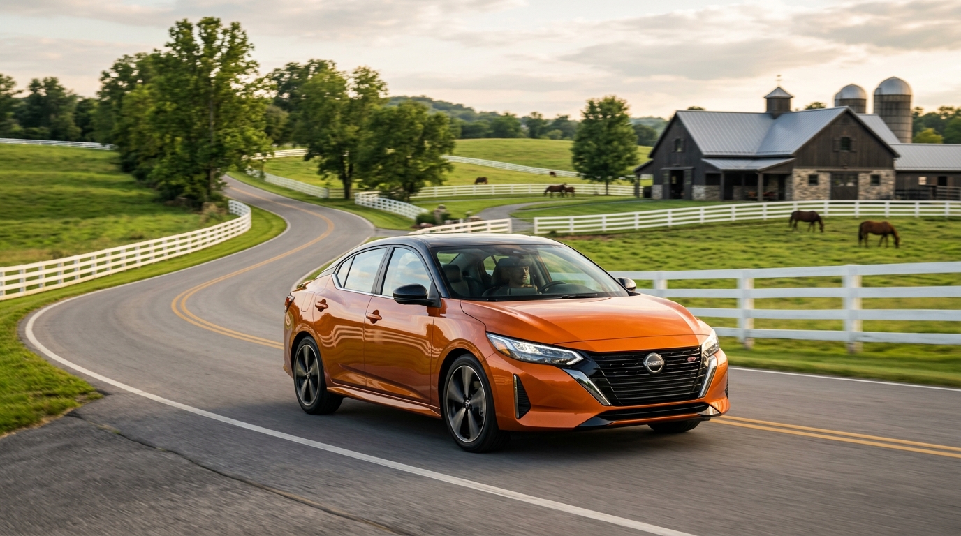 An orange Nissan sedan driving along a winding rural road past a horse farm and barn. (Representative image for illustration purposes only. Actual vehicle may vary based on trim and configuration.)