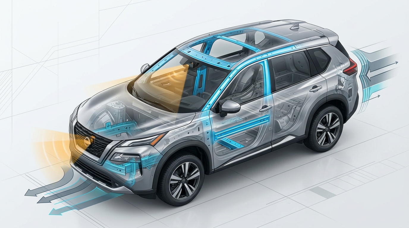 Cutaway illustration of a silver SUV showing its blue structural frame, front radar, camera sensor, and airflow. (Representative image for illustration purposes only. Actual vehicle may vary based on trim and configuration.)