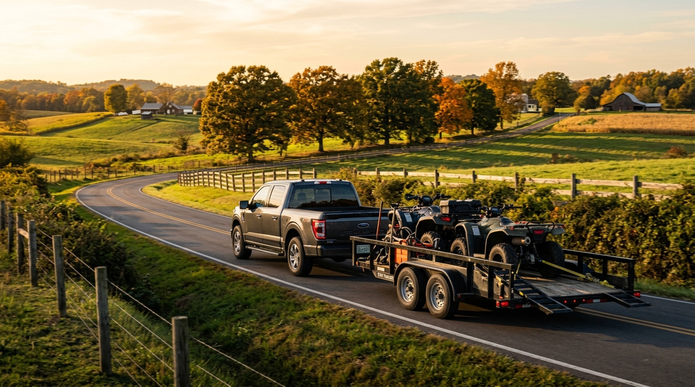 Pickup truck towing a trailer with two ATVs down a winding rural road at golden hour. (Representative image for illustration purposes only. Actual vehicle may vary based on trim and configuration.)