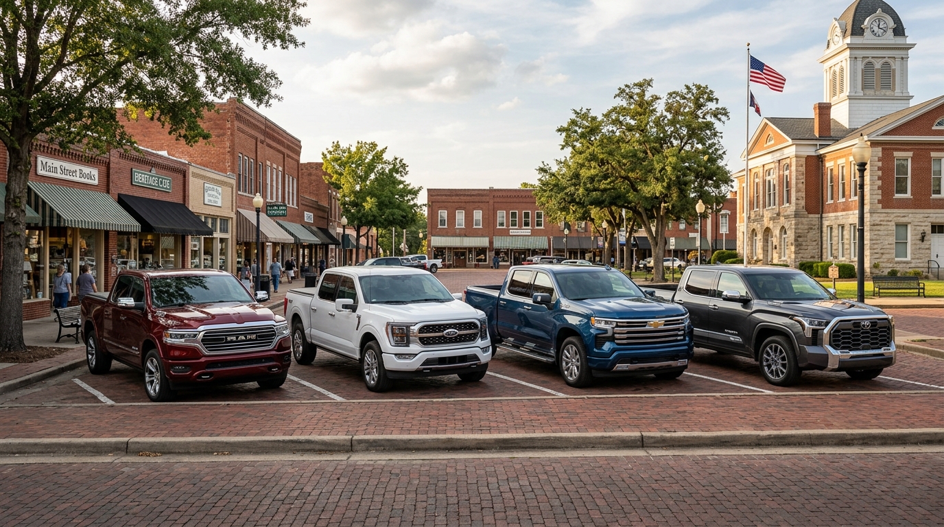 Four modern pickup trucks in red, white, blue, and grey parked on a brick street in a historic town square. (Representative image for illustration purposes only. Actual vehicle may vary based on trim and configuration.)
