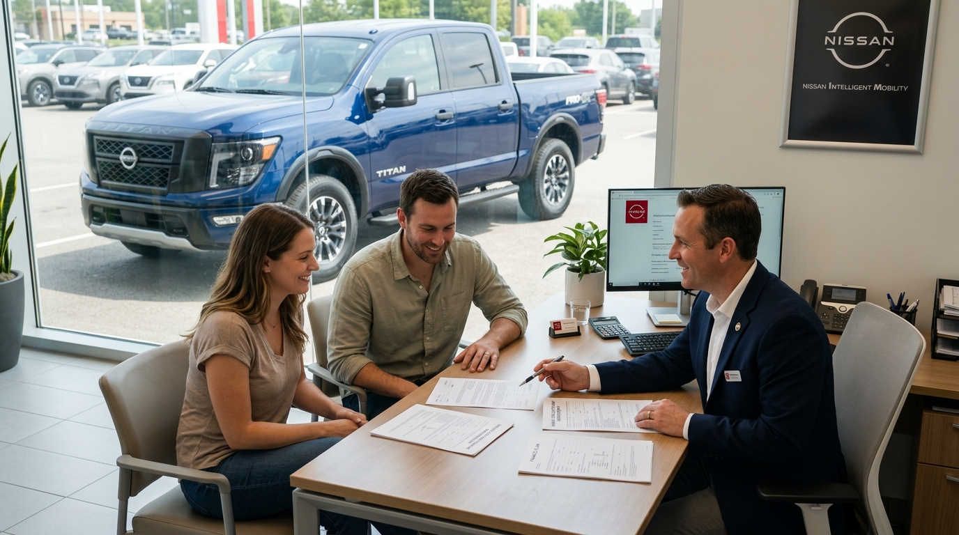 A couple reviews paperwork with a sales representative at a desk inside a Nissan car dealership with a blue truck outside. (Representative image for illustration purposes only. Actual vehicle may vary based on trim and configuration.)