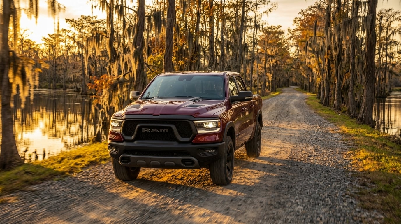 A full three-quarter front view of a dark metallic red 2027 Ram 1500 Warlock 4x4 Crew Cab pickup truck, parked along a gravel access road beside a calm southern Louisiana bayou, dramatic dusk twilight sky with warm golden and orange sunset hues filtering through tall bald cypress trees draped in Spa