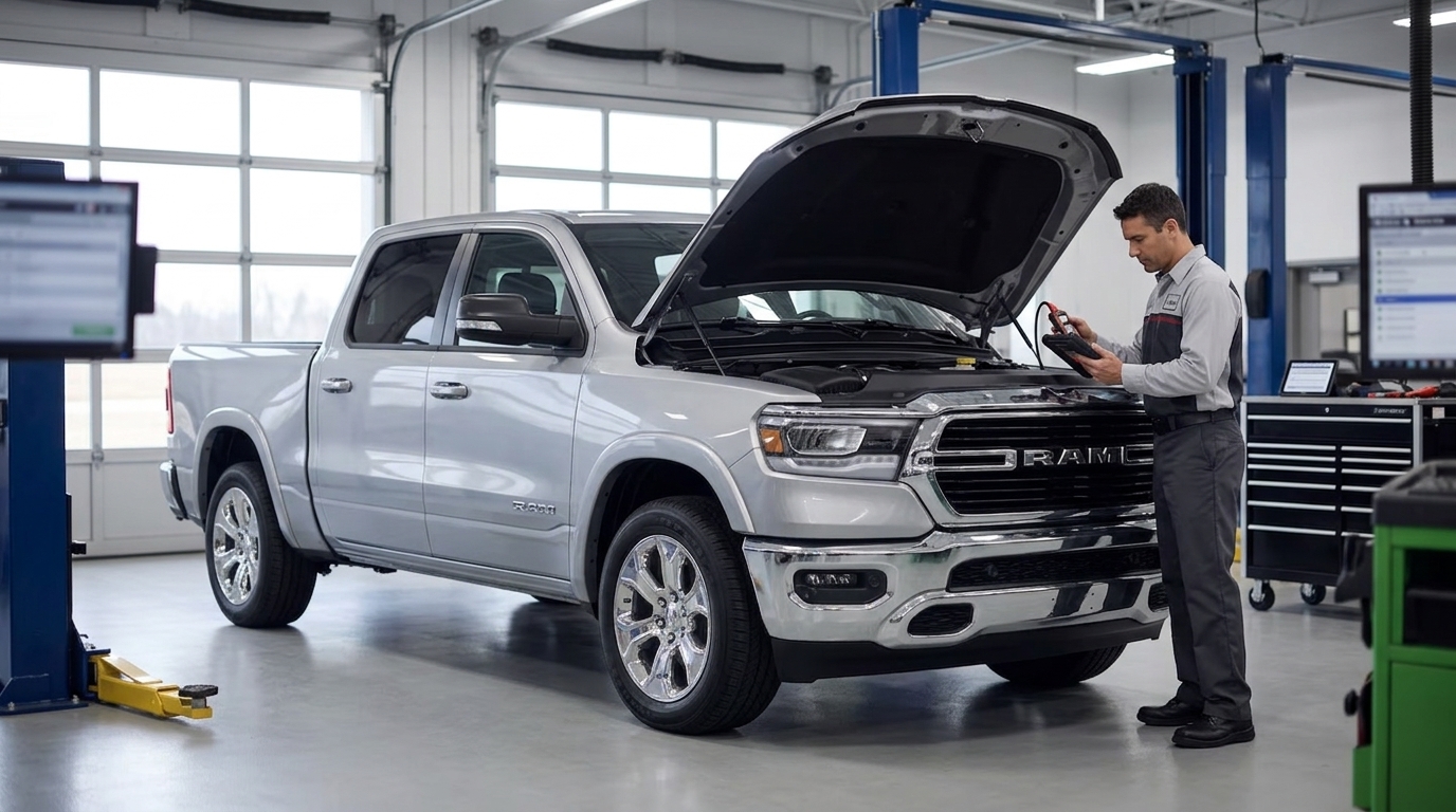 A technician using a diagnostic scanner on a silver pickup truck with its hood open in a repair shop. (Representative image for illustration purposes only. Actual vehicle may vary based on trim and configuration.)