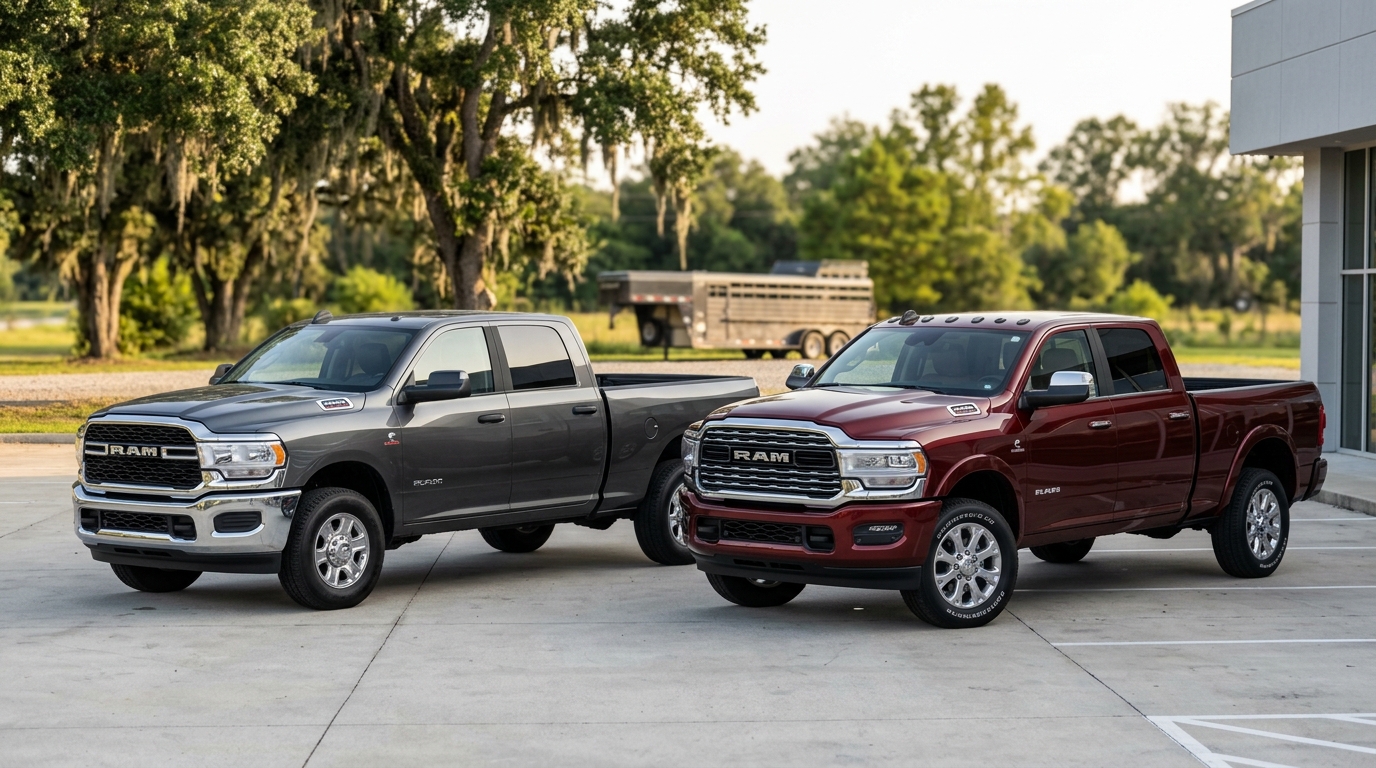 A grey Ram pickup truck and a dark red Ram pickup truck parked side by side on a paved lot. (Representative image for illustration purposes only. Actual vehicle may vary based on trim and configuration.)