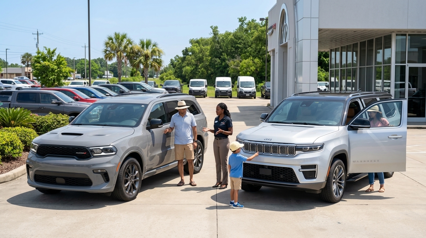 A family talks with a salesperson outside a dealership between a grey Dodge Durango and a silver Jeep Wagoneer. (Representative image for illustration purposes only. Actual vehicle may vary based on trim and configuration.)