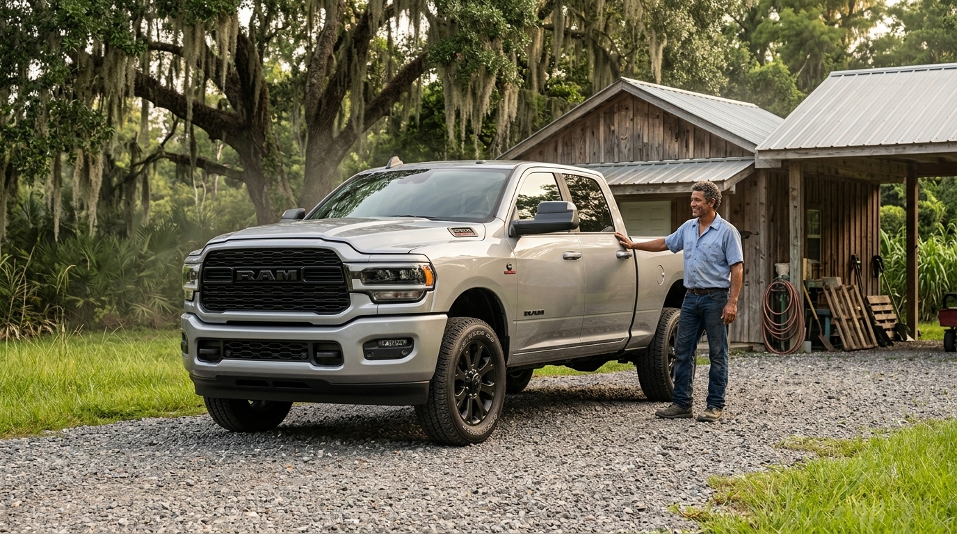 Silver RAM pickup truck parked on a gravel driveway beside a man standing in front of a rustic wooden barn. (Representative image for illustration purposes only. Actual vehicle may vary based on trim and configuration.)