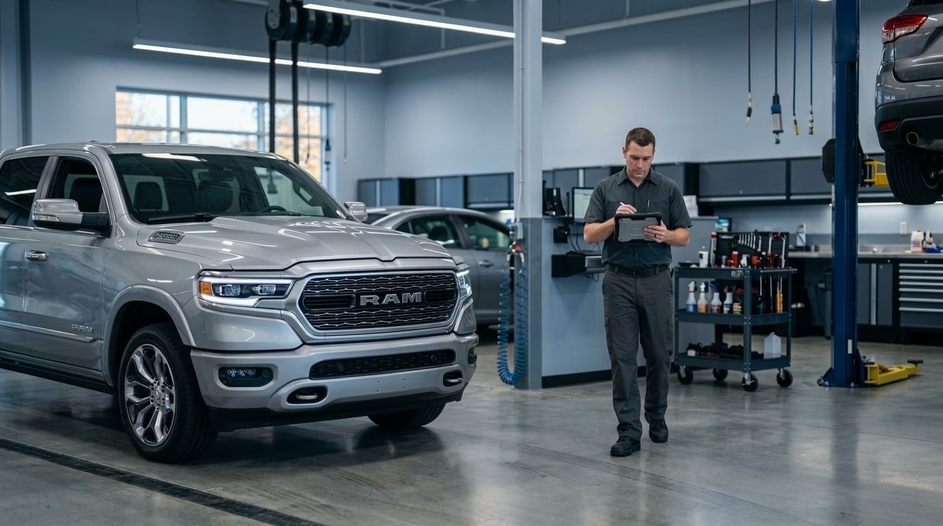 Eye-level medium shot of a skilled automotive technician in the background looking at a tablet in a clean, professional express service bay, a late-model 2024 Ram 1500 in the foreground, modern service bay background with hydraulic lift and neatly organized tool carts softly blurred, crisp overhead