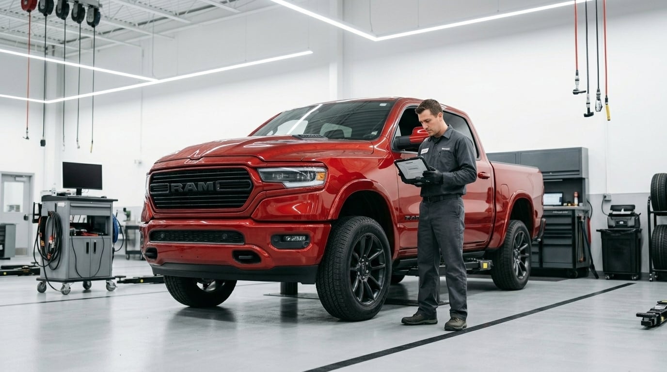 Professional automotive photography of a modern red 2025 Ram 1500 pickup truck, in a state-of-the-art service bay, a mechanic in a neutral professional uniform holding a diagnostic tablet inspects the underside, pristine polished concrete floor, organized tool chests and diagnostic equipment in the 