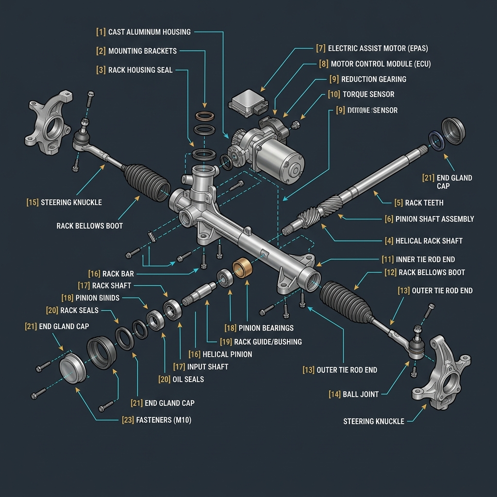 Exploded technical diagram showing labeled parts of an electric power steering rack and pinion assembly. (Representative image for illustration purposes only. Actual vehicle may vary based on trim and configuration.)