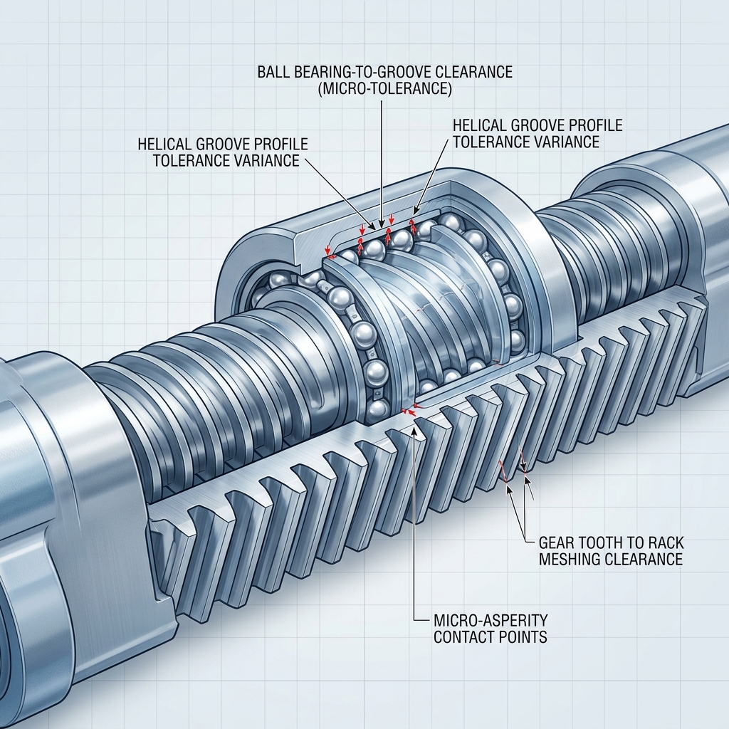 Cutaway technical diagram showing micro-tolerances and contact points in a ball screw and gear rack assembly. (Representative image for illustration purposes only. Actual vehicle may vary based on trim and configuration.)