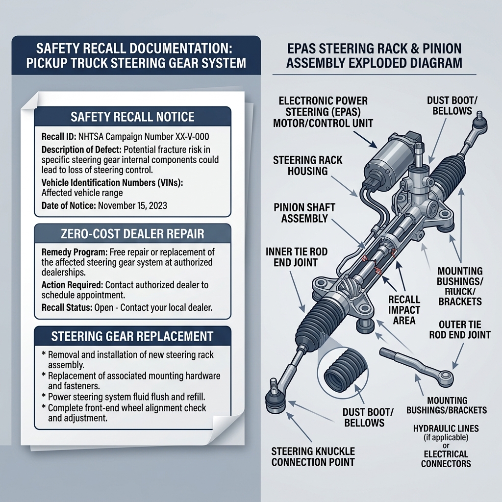 Safety recall documentation and exploded diagram of an EPAS pickup truck steering rack and pinion assembly. (Representative image for illustration purposes only. Actual vehicle may vary based on trim and configuration.)