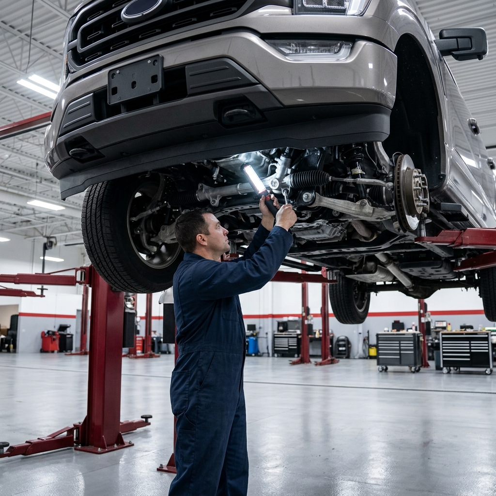 Auto mechanic holding a work light while inspecting the front suspension undercarriage of a truck raised on a lift. (Representative image for illustration purposes only. Actual vehicle may vary based on trim and configuration.)