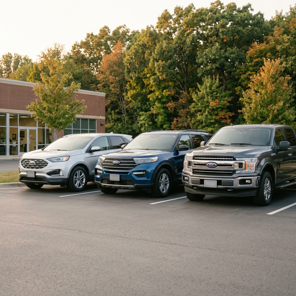Silver SUV, blue SUV, and dark gray pickup truck parked side by side in a dealership lot near autumn trees. (Representative image for illustration purposes only. Actual vehicle may vary based on trim and configuration.)