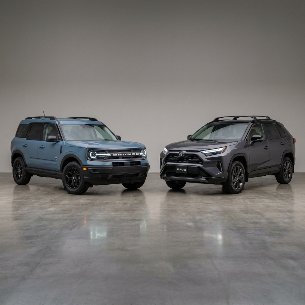 A light blue Ford Bronco Sport and a dark grey Toyota RAV4 parked side by side in a studio. (Representative image for illustration purposes only. Actual vehicle may vary based on trim and configuration.)