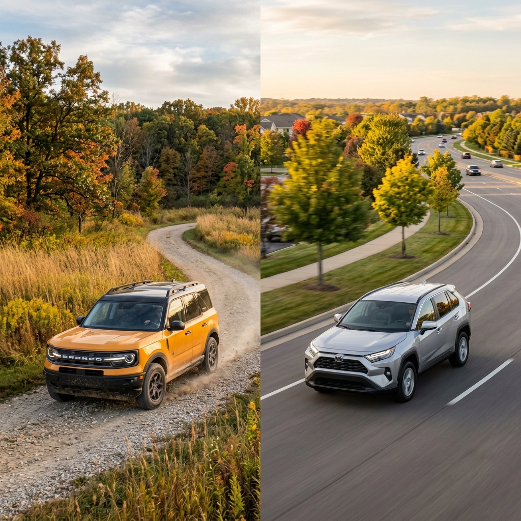 Side-by-side comparison of an orange Ford Bronco Sport on a dirt trail and a silver Toyota RAV4 on a paved road. (Representative image for illustration purposes only. Actual vehicle may vary based on trim and configuration.)