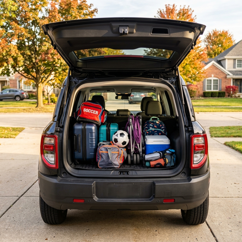 Open trunk of a black SUV packed with suitcases, a soccer ball, stroller, cooler, and backpacks in a driveway. (Representative image for illustration purposes only. Actual vehicle may vary based on trim and configuration.)