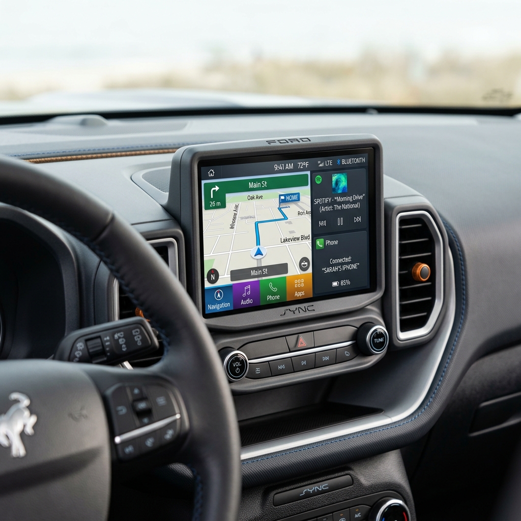 Ford SYNC touchscreen display on a car dashboard showing GPS navigation and media controls. (Representative image for illustration purposes only. Actual vehicle may vary based on trim and configuration.)