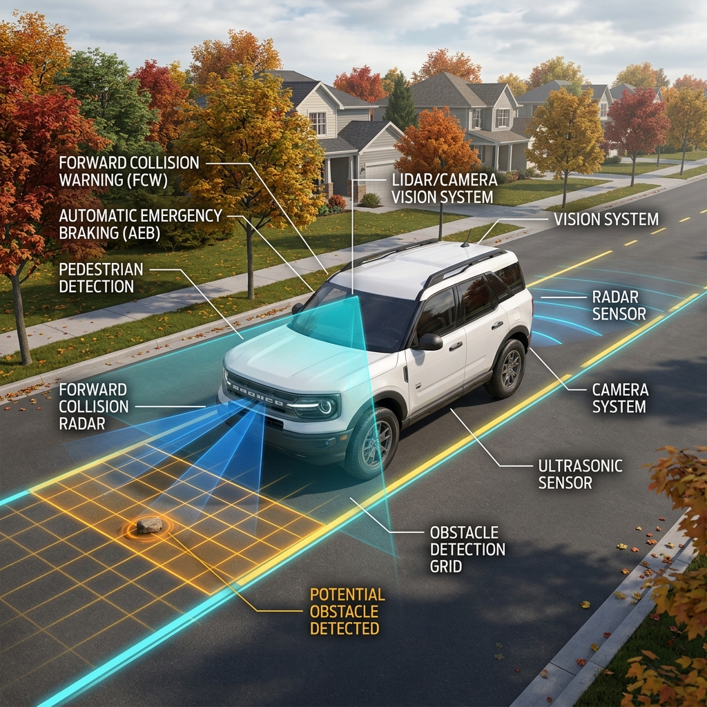 Infographic of a white SUV showing advanced safety sensors, forward collision radar, and obstacle detection grid. (Representative image for illustration purposes only. Actual vehicle may vary based on trim and configuration.)