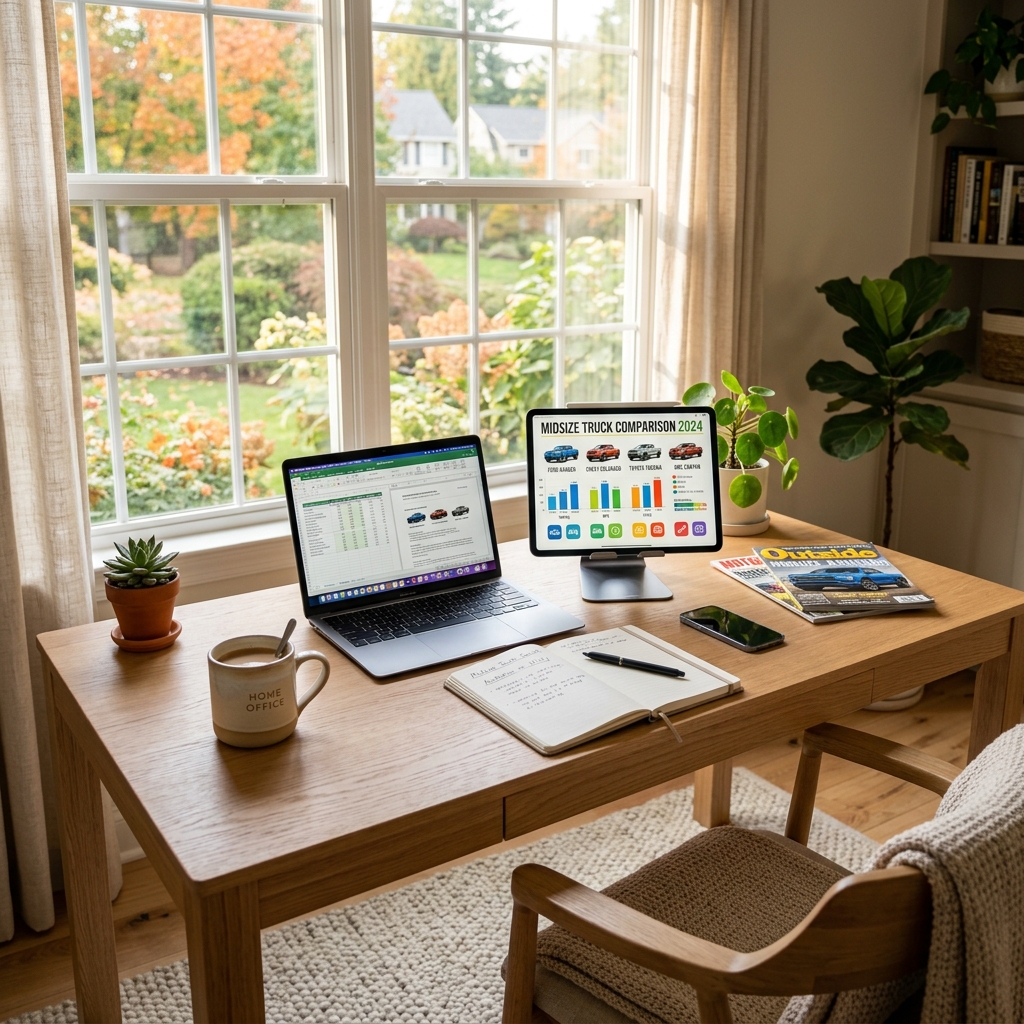 Open laptop, tablet with chart, notebook, and coffee mug on a wooden desk near a sunny window. (Representative image for illustration purposes only. Actual vehicle may vary based on trim and configuration.)