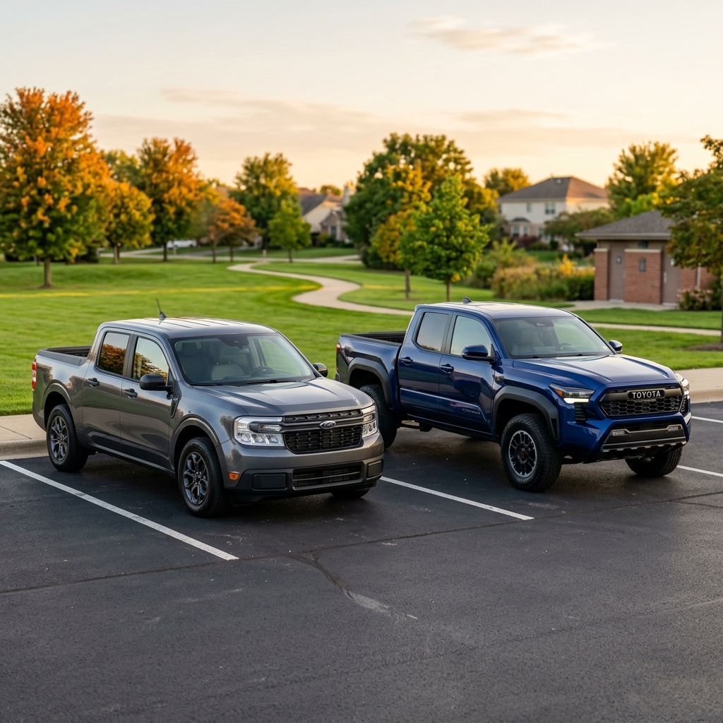 A grey Ford Maverick pickup and a blue Toyota Tacoma pickup parked side-by-side in a suburban parking lot. (Representative image for illustration purposes only. Actual vehicle may vary based on trim and configuration.)