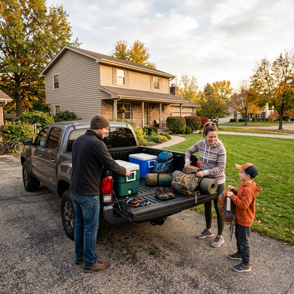 A family loads camping gear, coolers, and backpacks into the bed of a pickup truck in a suburban driveway. (Representative image for illustration purposes only. Actual vehicle may vary based on trim and configuration.)