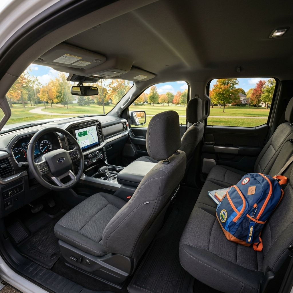 Modern Ford truck interior with gray cloth seats, touchscreen navigation, and a backpack on the rear seat. (Representative image for illustration purposes only. Actual vehicle may vary based on trim and configuration.)