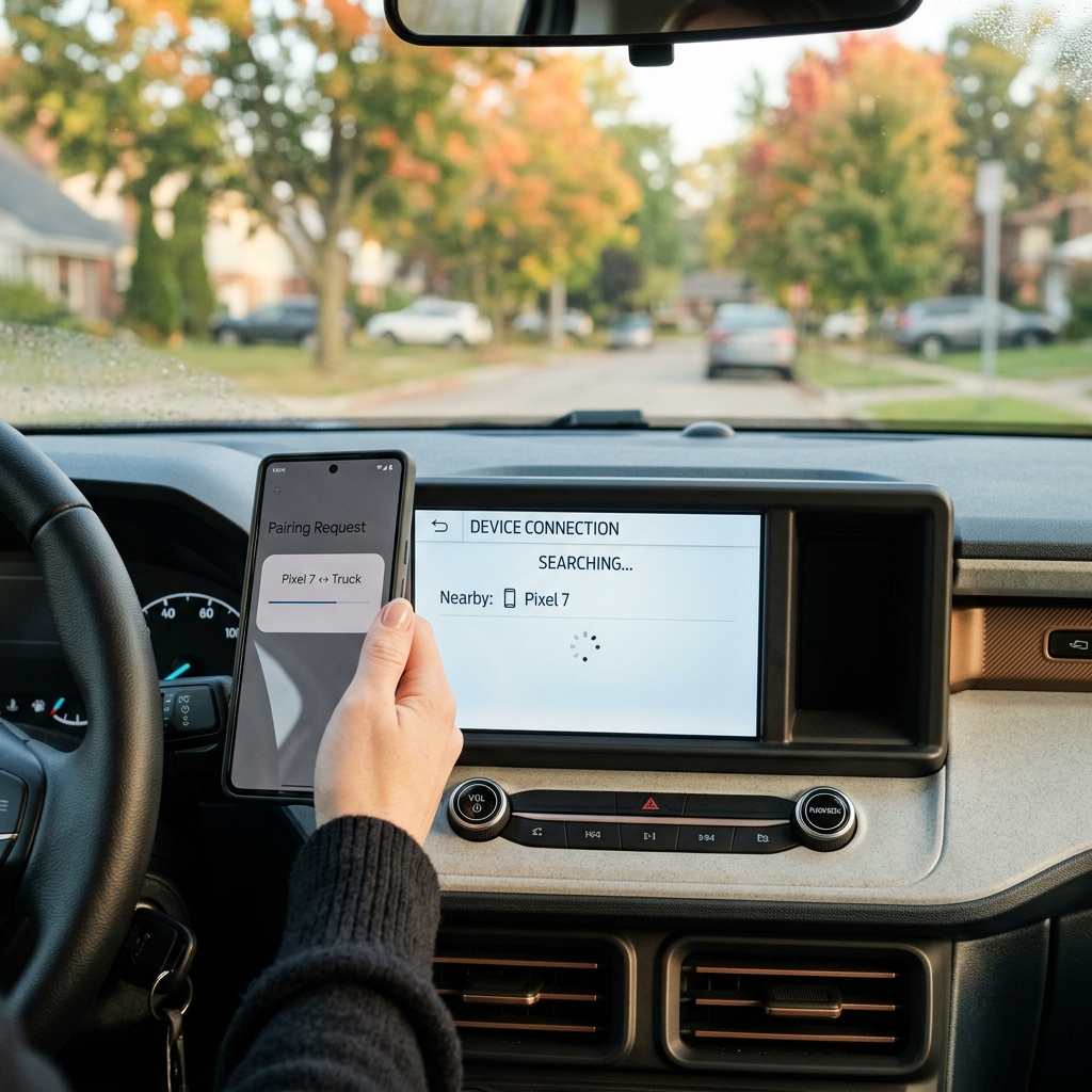A driver holding a Google Pixel 7 smartphone while pairing it via Bluetooth to a car's dashboard touchscreen. (Representative image for illustration purposes only. Actual vehicle may vary based on trim and configuration.)