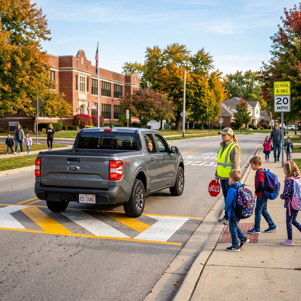 A grey Ford Maverick truck stops at a crosswalk while a crossing guard guides school children across the street. (Representative image for illustration purposes only. Actual vehicle may vary based on trim and configuration.)