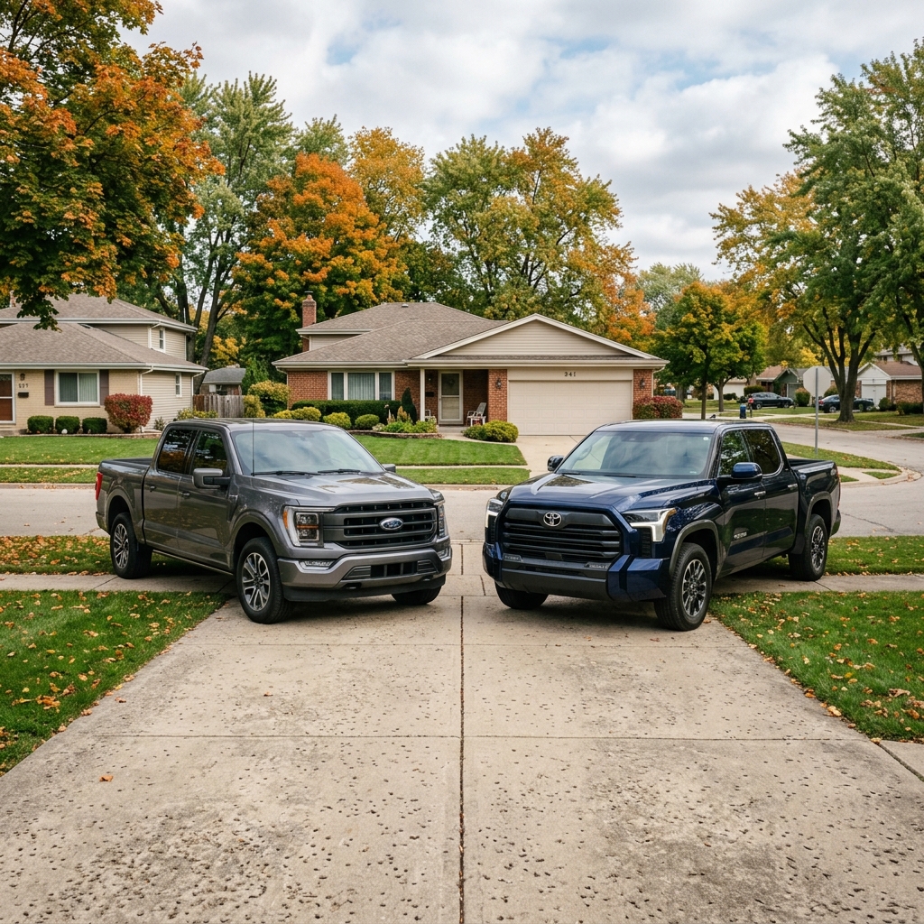 A grey Ford F-150 and a dark blue Toyota Tundra parked side-by-side on a concrete driveway in autumn. (Representative image for illustration purposes only. Actual vehicle may vary based on trim and configuration.)
