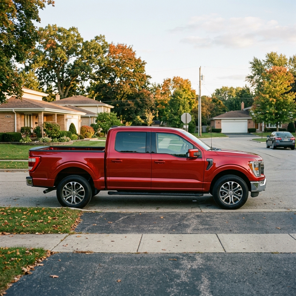 A red Ford F-150 pickup truck parked along the curb of a quiet suburban street during autumn. (Representative image for illustration purposes only. Actual vehicle may vary based on trim and configuration.)