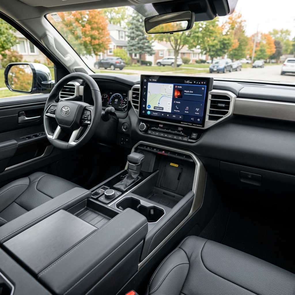 Interior view of a modern Toyota truck featuring black leather seats, steering wheel, and a large center touchscreen. (Representative image for illustration purposes only. Actual vehicle may vary based on trim and configuration.)