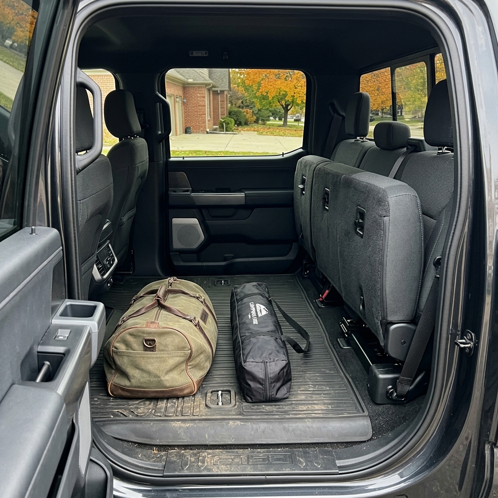 Folded rear seats in a Ford F-150 truck revealing a spacious floor with a duffel bag and gear case. (Representative image for illustration purposes only. Actual vehicle may vary based on trim and configuration.)