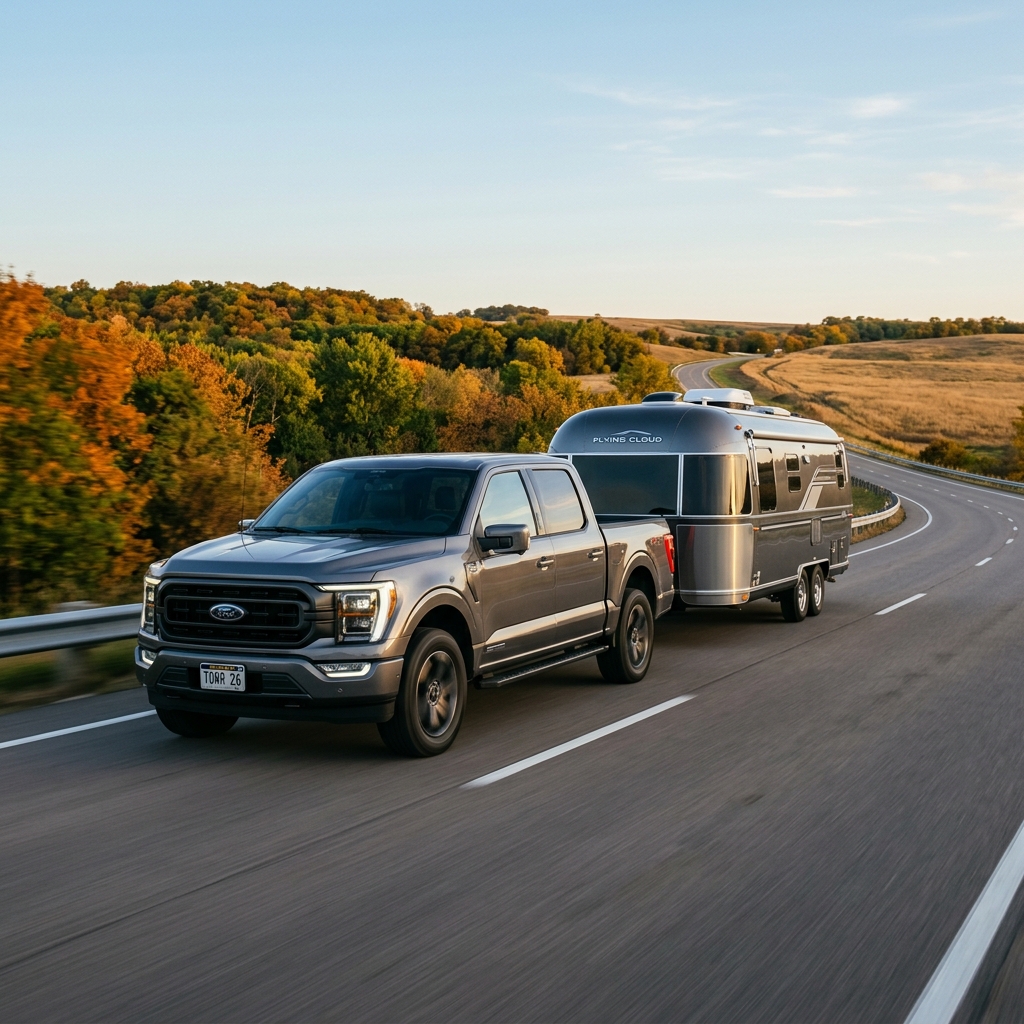 A grey Ford pickup truck towing a silver Airstream trailer on a winding highway through autumn hills. (Representative image for illustration purposes only. Actual vehicle may vary based on trim and configuration.)