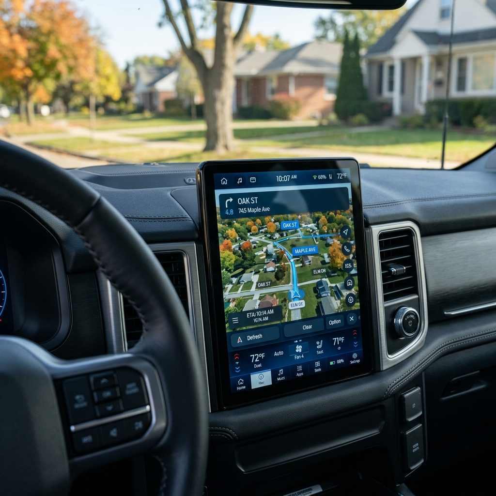 View from inside a vehicle looking at a large vertical touchscreen navigation system on the dashboard. (Representative image for illustration purposes only. Actual vehicle may vary based on trim and configuration.)
