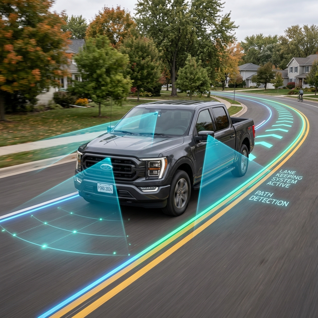 A grey Ford pickup truck driving on a suburban road with visual overlays illustrating lane keeping technology. (Representative image for illustration purposes only. Actual vehicle may vary based on trim and configuration.)