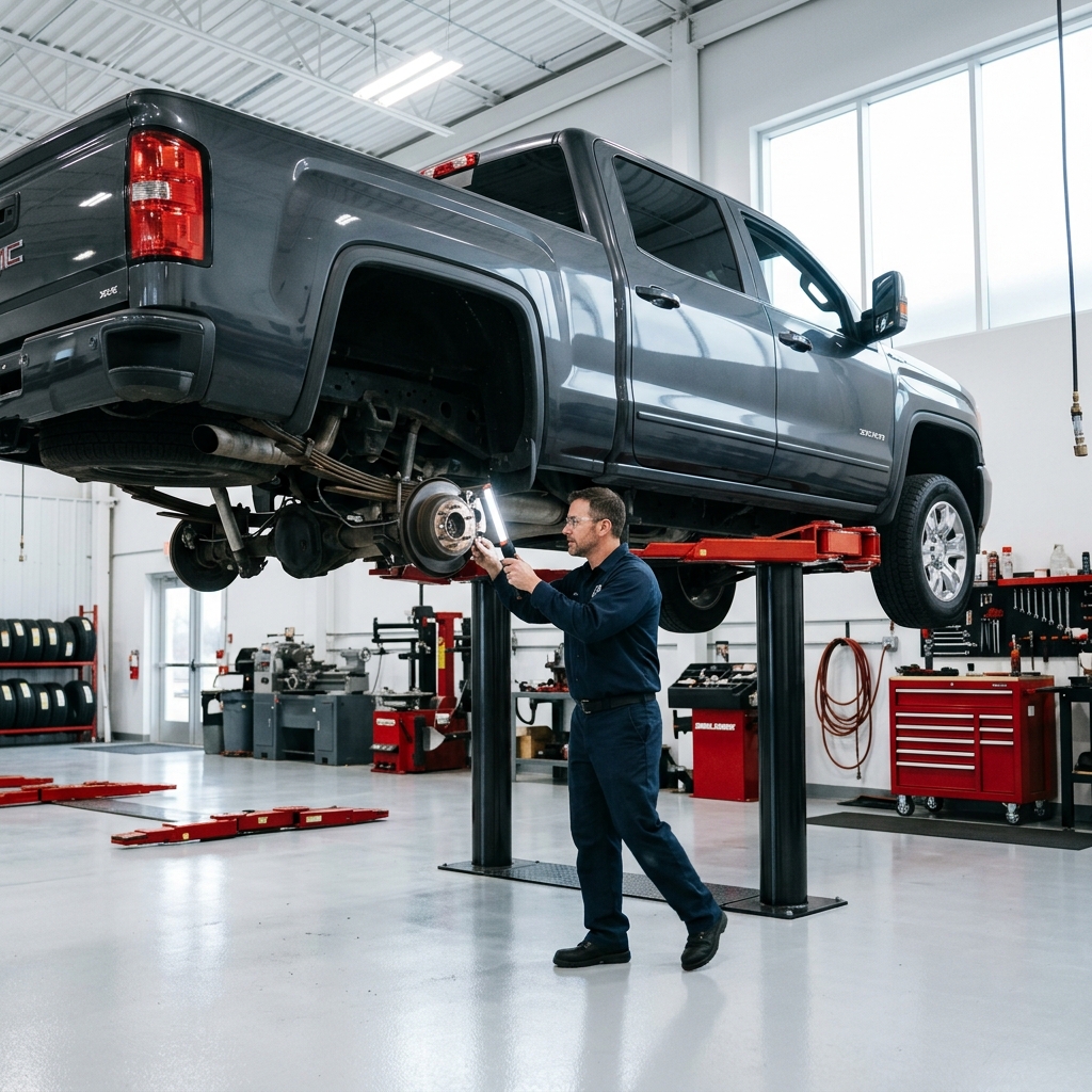 Mechanic holding a work light to examine the brake assembly of a pickup truck raised on a hydraulic lift. (Representative image for illustration purposes only. Actual vehicle may vary based on trim and configuration.)