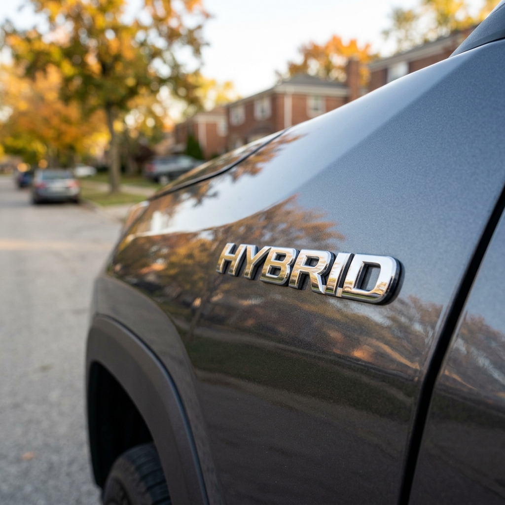 Close-up of a chrome Hybrid emblem on a dark grey car fender parked on a residential street in autumn. (Representative image for illustration purposes only. Actual vehicle may vary based on trim and configuration.)